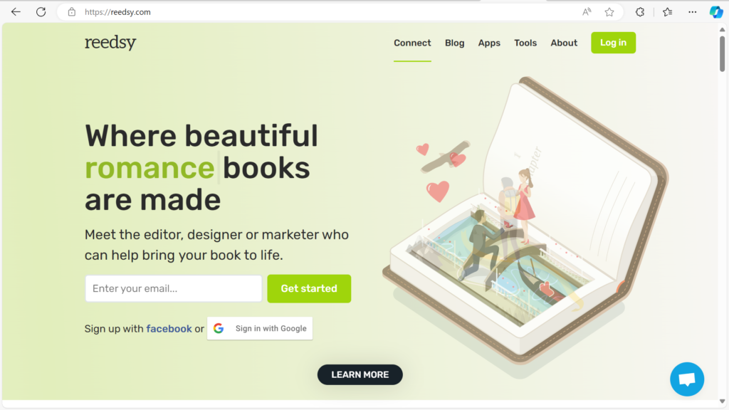 Reedsy front page as a platform to have an AI job as a writing checker